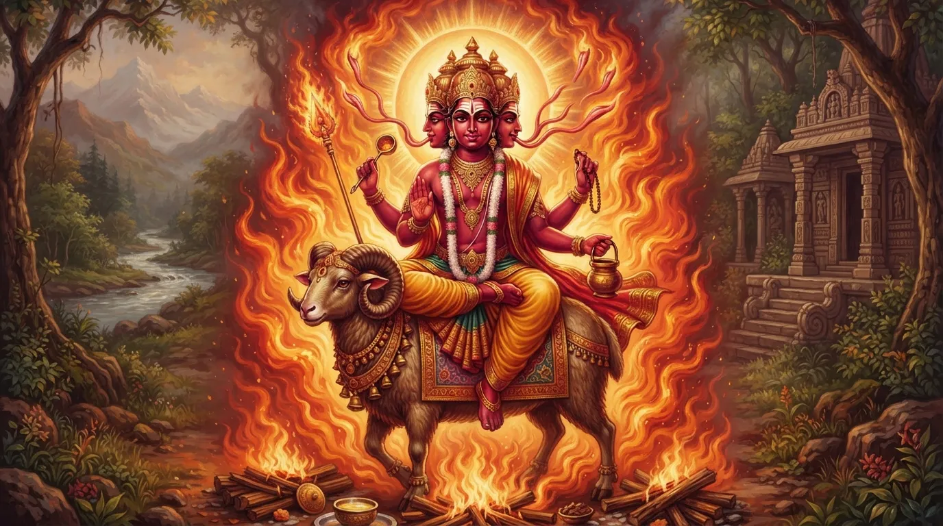 अग्नि देव का तेजस्वी स्वरूप, दो मुखों और सात जिह्वाओं के साथ, अपने वाहन भेड़ पर विराजमान। उनकी आंखों में ज्ञान और शक्ति का तेज है और वे यज्ञ की ज्वालाओं से घिरे हुए हैं।
