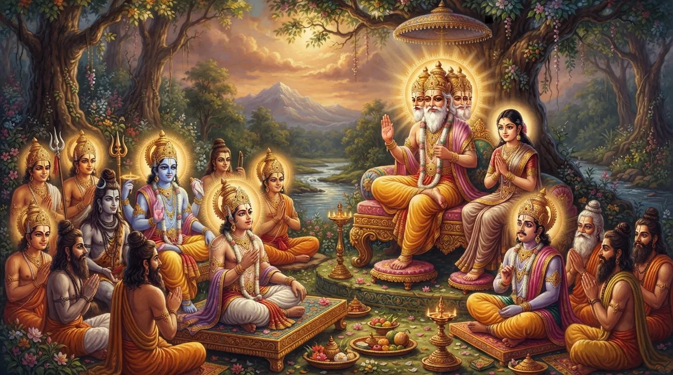 ब्रह्मा जी की दिव्य सभा में शांत बैठी अहल्या और उनके विवाह की शर्त सुनते हुए देवराज इंद्र और अन्य देवता