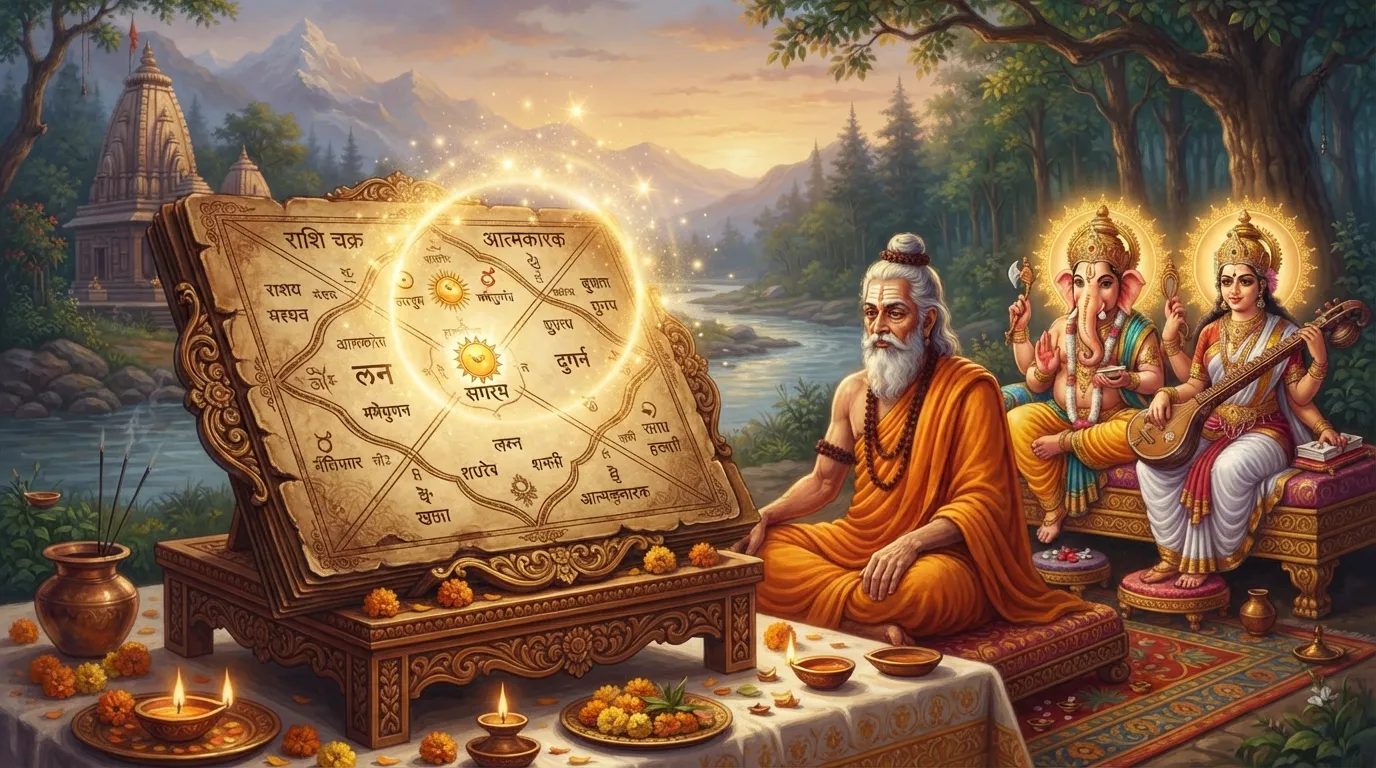 एक स्टाइलिश जन्म कुंडली (कुंडली) का चित्र जिसमें एक ग्रह पर हल्का सुनहरा प्रकाश डाला गया है, जो आत्मकारक का प्रतीक है।