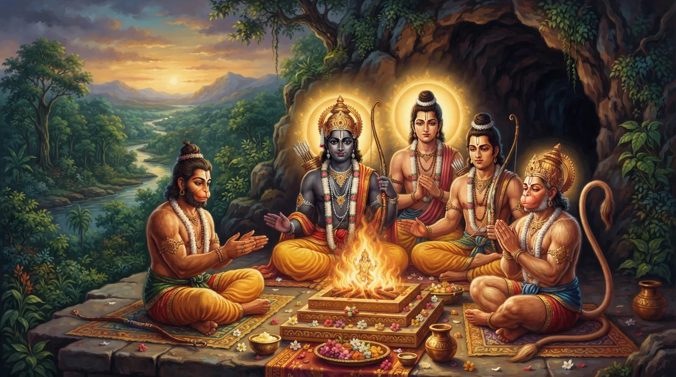 ऋष्यमूक पर्वत पर भगवान राम और लक्ष्मण, सुग्रीव और हनुमान जी के साथ बैठे हैं। वे अग्नि को साक्षी मानकर मित्रता का वचन ले रहे हैं। वातावरण गंभीर और आशा से भरा हुआ है।