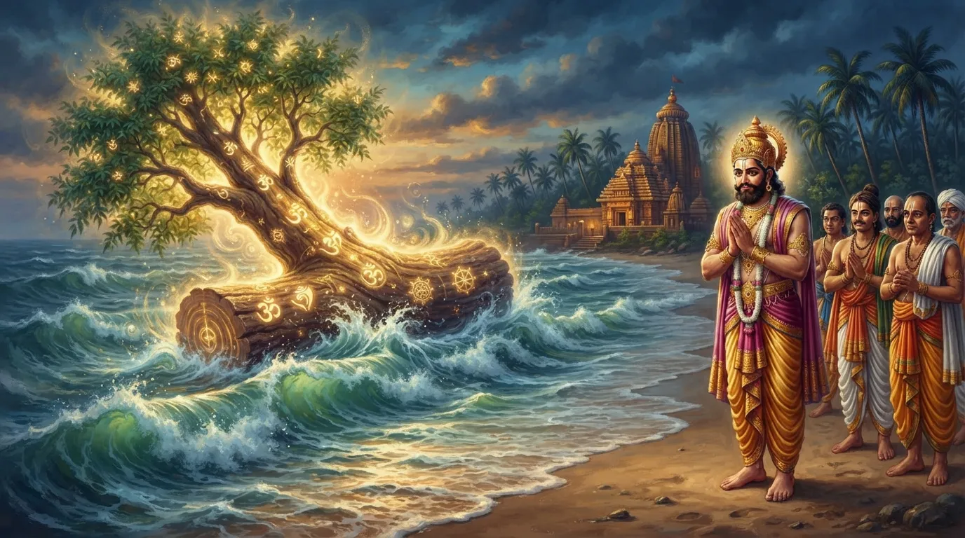 समुद्र तट पर पानी की लहरों के बीच तैरता हुआ एक विशाल नीम का दिव्य तना और किनारे खड़े राजा इंद्रद्युम्न