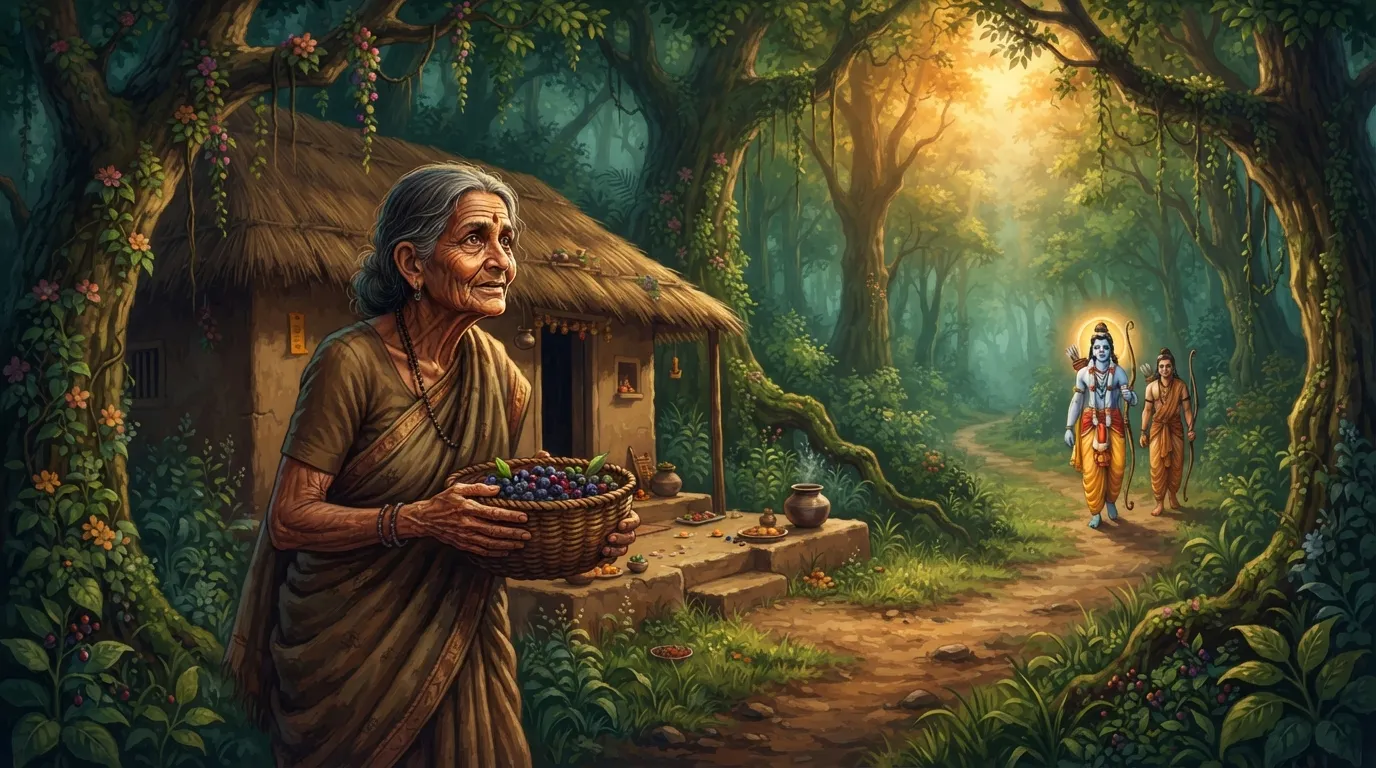 एक घने जंगल के बीच एक साफ-सुथरी कुटिया के बाहर, वृद्ध शबरी अपने हाथ में ताजे तोड़े हुए बेरों की एक टोकरी लिए हुए हैं। उनकी झुर्रियों वाली आँखों में आशा और प्रतीक्षा का भाव है, और वह उस रास्ते को देख रही हैं जहाँ से भगवान राम के आने की उम्मीद है।