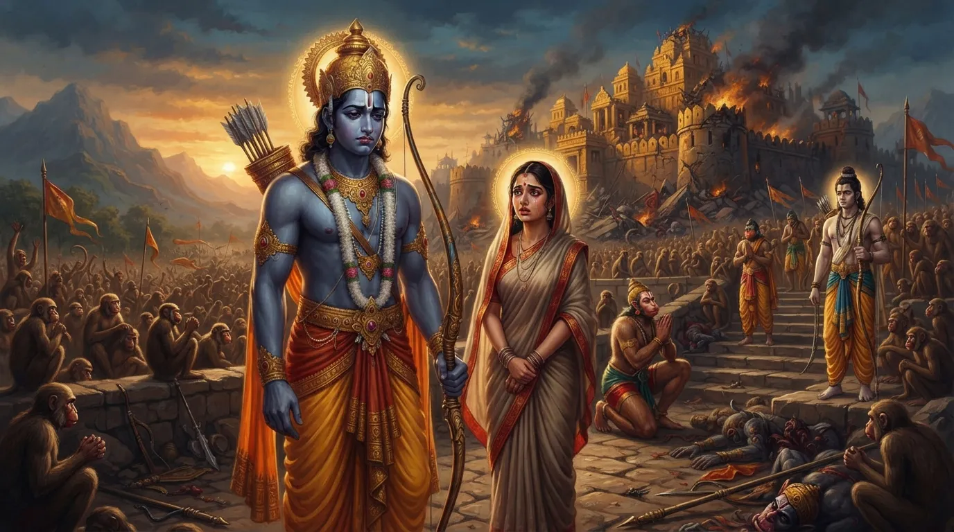 भगवान राम का गंभीर और पीड़ा से भरा मुख, पृष्ठभूमि में लंका का विजय दृश्य और वानर सेना, माता सीता आँखों में गहरे दुःख और आश्चर्य के भाव लिए खड़ी हैं।