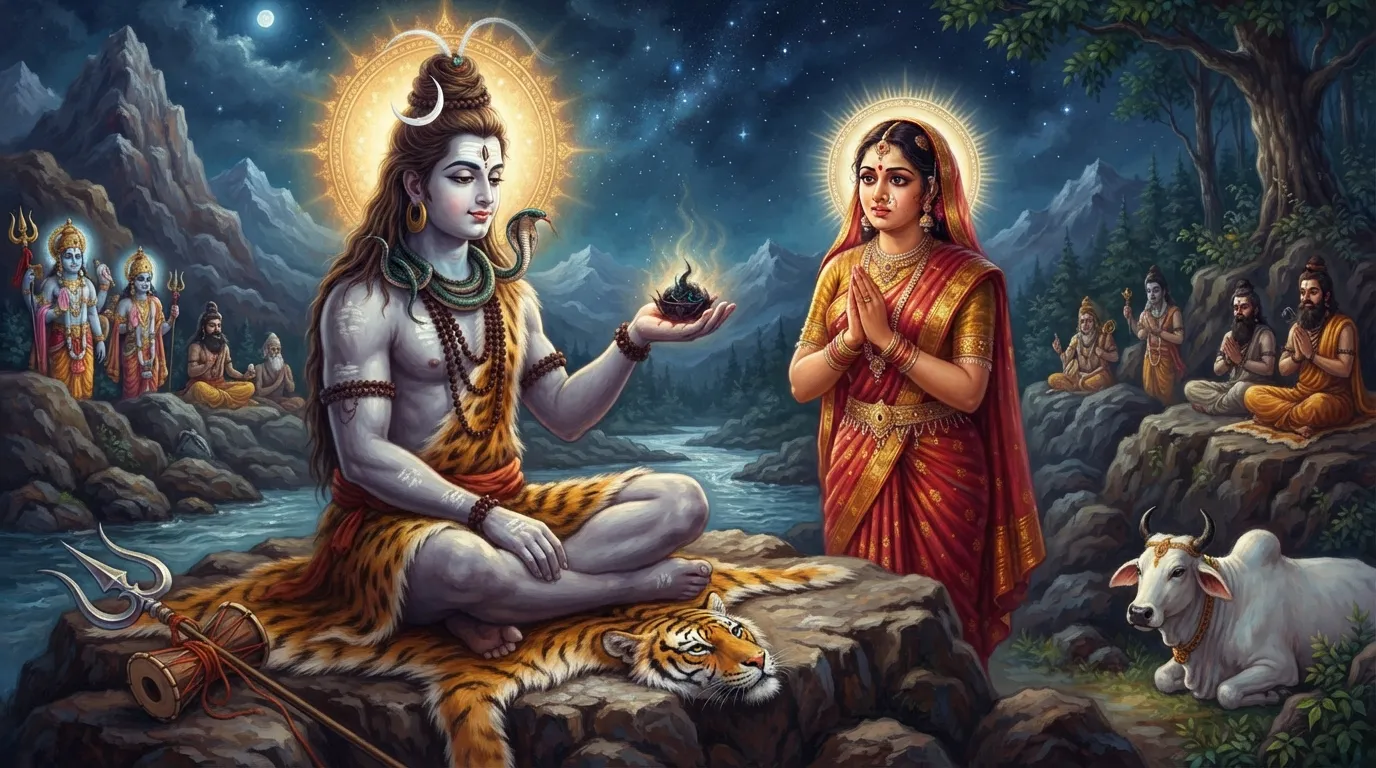 भगवान शिव शांत भाव से अपनी हथेली में हलाहल विष लेकर उसे पीने की तैयारी कर रहे हैं। उनके गले पर हल्का नीला रंग दिखने लगा है। देवी पार्वती उनके पीछे चिंता और भक्ति के भाव से खड़ी हैं।