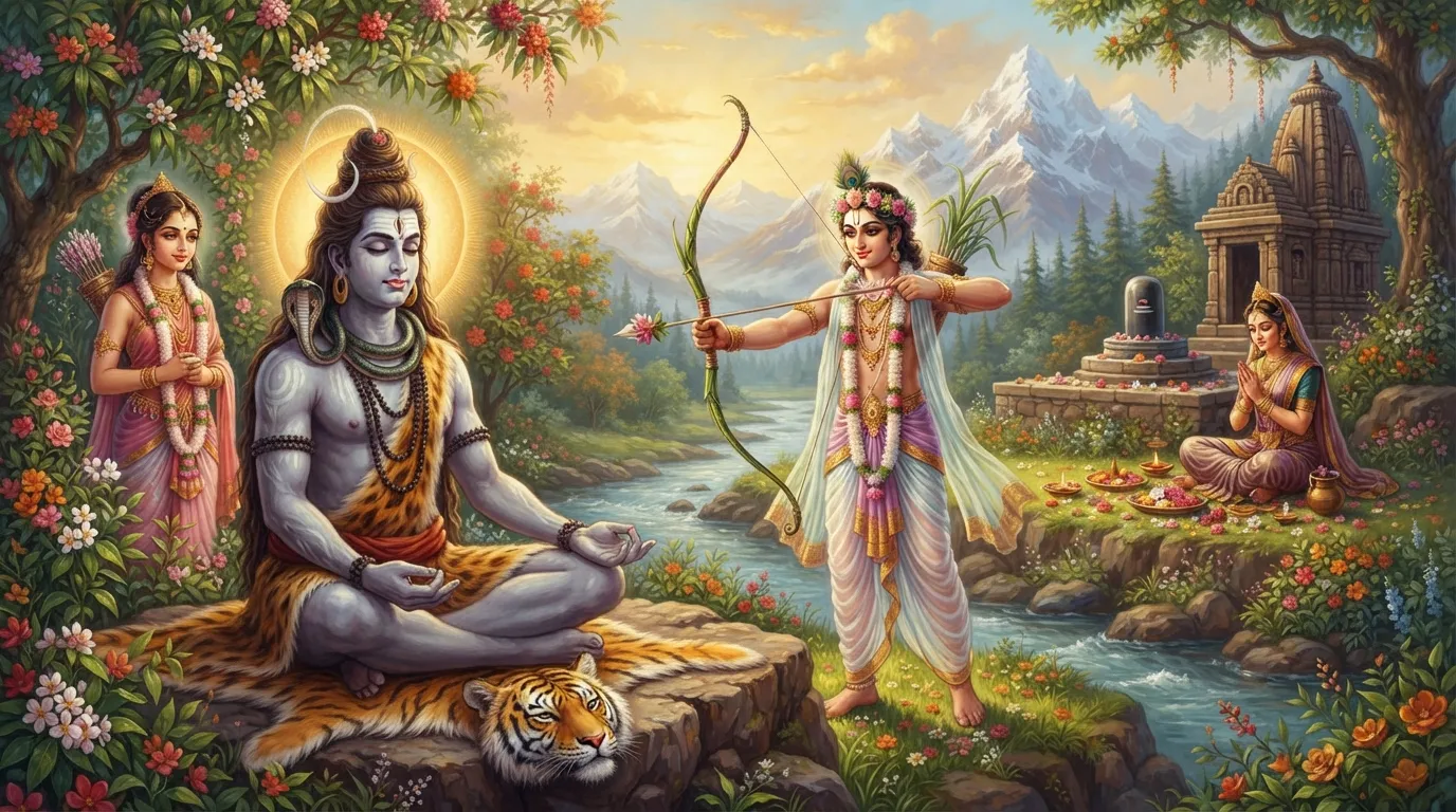 कामदेव अपने फूलों के धनुष से भगवान शिव पर प्रेम बाण चलाते हुए, पृष्ठभूमि में देवी पार्वती पूजा कर रही हैं और वसंत ऋतु का सुंदर वातावरण है।