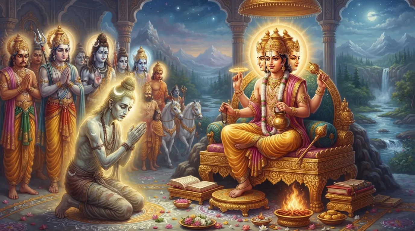 दुखी और कांतिहीन चंद्रमा देवता, जिनका शरीर क्षीण हो रहा है, अन्य देवताओं के साथ चिंतित मुद्रा में ब्रह्मा जी से सहायता मांग रहे हैं।