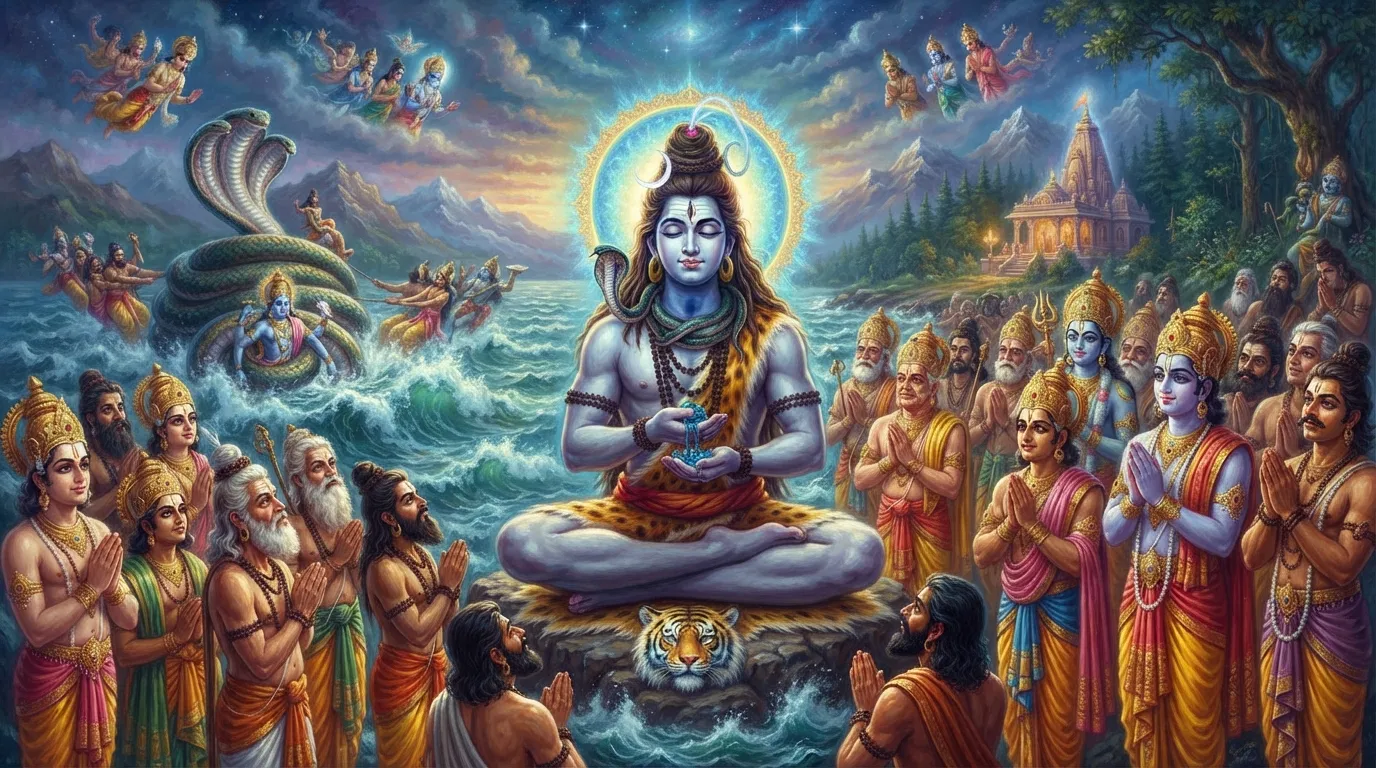 समुद्र मंथन के दौरान भगवान शिव शांत भाव से नीले कंठ में विष धारण करते हुए और देवता-ऋषि हाथ जोड़कर उनकी स्तुति करते हुए