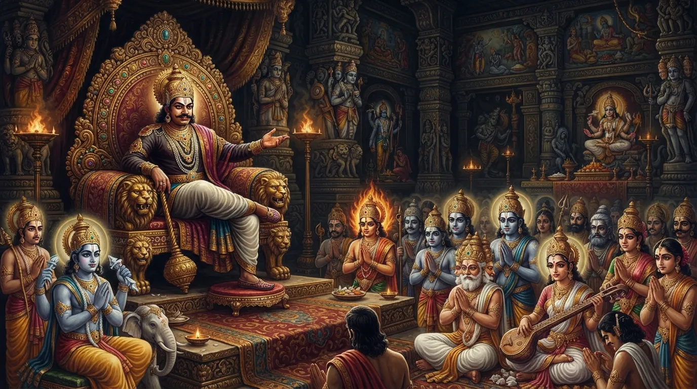 दानव राजा हिरण्यकशिपु अपने भव्य राजसिंहासन पर घमंड से बैठा है, और सभी देवता भयभीत होकर उसके सामने खड़े हैं।