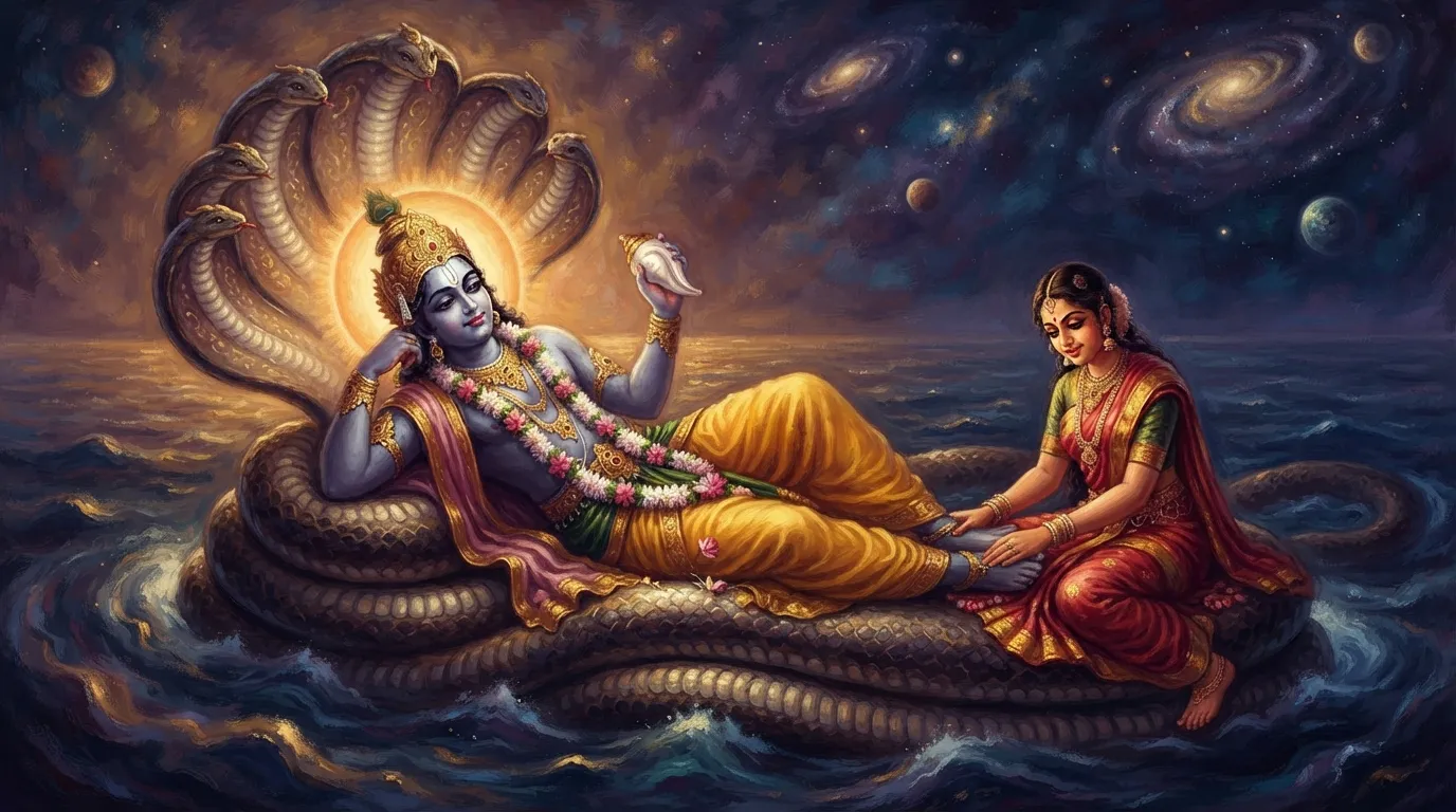भगवान विष्णु शेषनाग पर शांत भाव से लेटे हुए हैं, चारों ओर ब्रह्मांडीय सागर फैला है, देवी लक्ष्मी उनके चरण दबा रही हैं