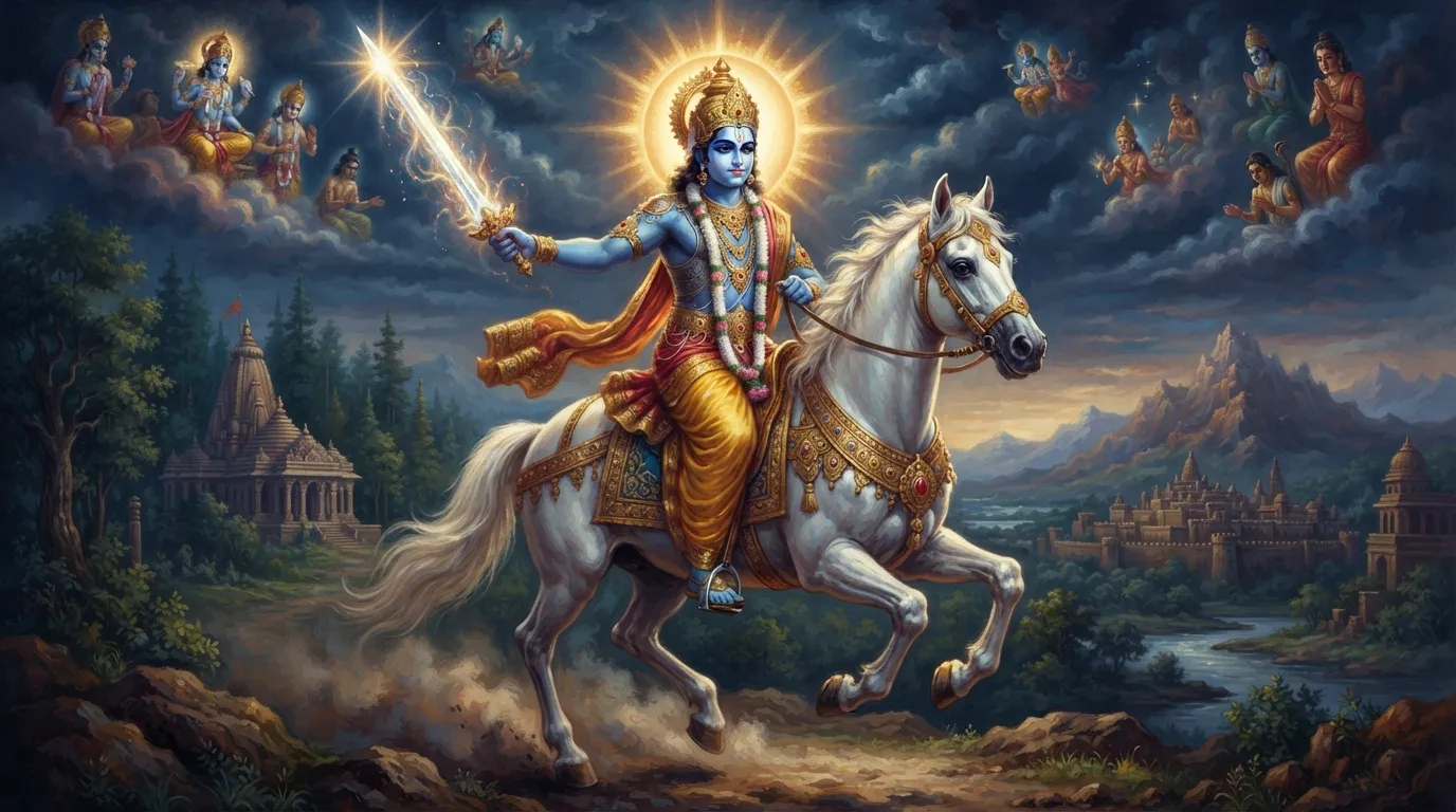 भगवान विष्णु के कल्कि अवतार का दिव्य रूप, सफेद घोड़े देवदत्त पर सवार होकर हाथ में चमकती हुई तलवार लिए हुए।