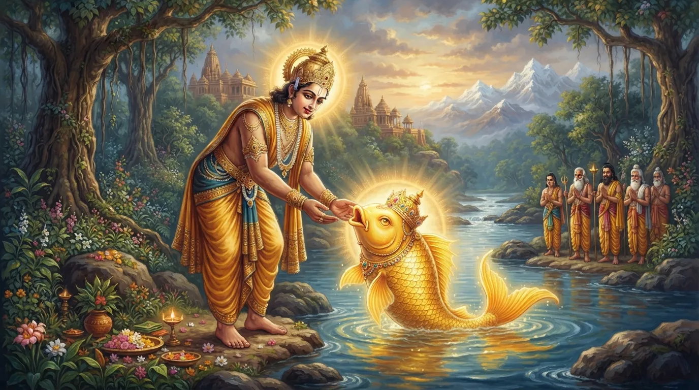 राजा सत्यव्रत एक विशाल सुनहरी मछली को नदी में छोड़ते हुए, जो उनसे बात कर रही है। राजा के चेहरे पर आश्चर्य और भक्ति का भाव है।