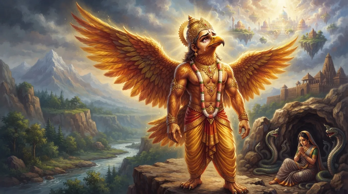एक विशालकाय, सुनहरे पंखों वाला तेजस्वी पक्षी गरुड़, अपनी माँ को दासता में देखकर दुखी और दृढ़ संकल्पित भाव से आकाश की ओर देख रहा है, जहाँ स्वर्ग लोक है।
