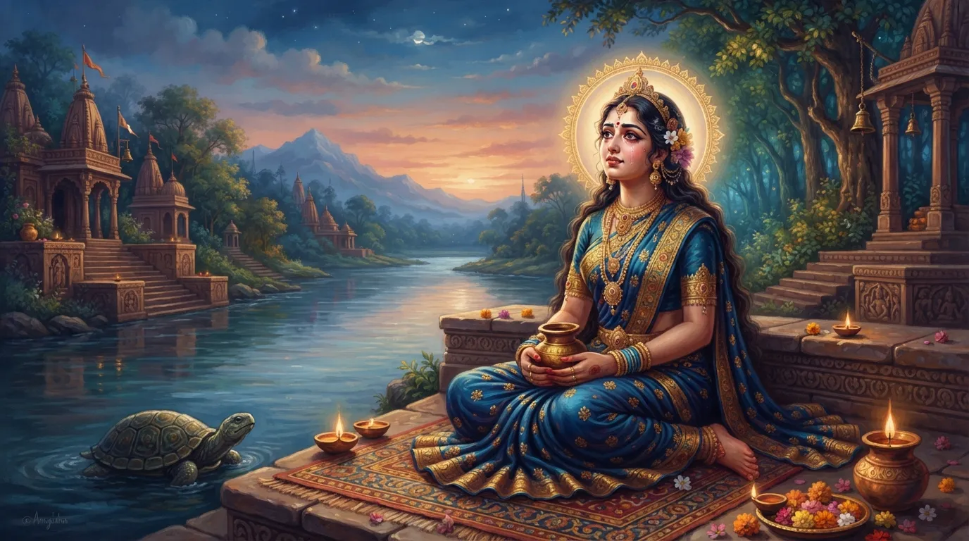 पवित्र यमुना नदी अपने शांत और निर्मल तट पर उदास बैठी हैं, और आकाश की ओर देखकर अपने भाई यमराज को याद कर रही हैं। उनके चेहरे पर प्रतीक्षा का भाव है।