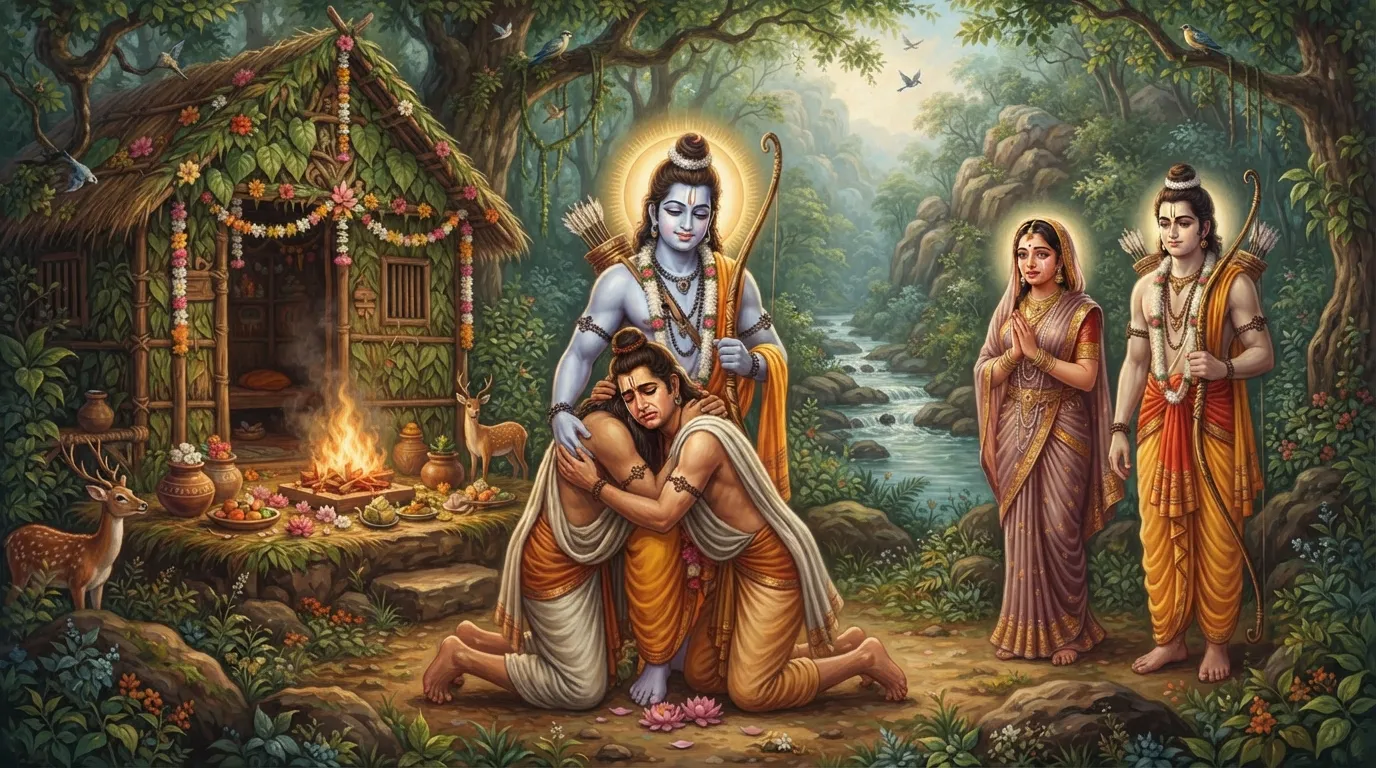 चित्रकूट के शांत वन में एक पर्णकुटी के बाहर, श्रीराम अपने भाई भरत को गले से लगाए हुए हैं। भरत की आँखों में पश्चाताप के आँसू हैं और वे श्रीराम के चरण पकड़े हुए हैं। लक्ष्मण और सीता पास खड़े भावुक होकर यह दृश्य देख रहे हैं।