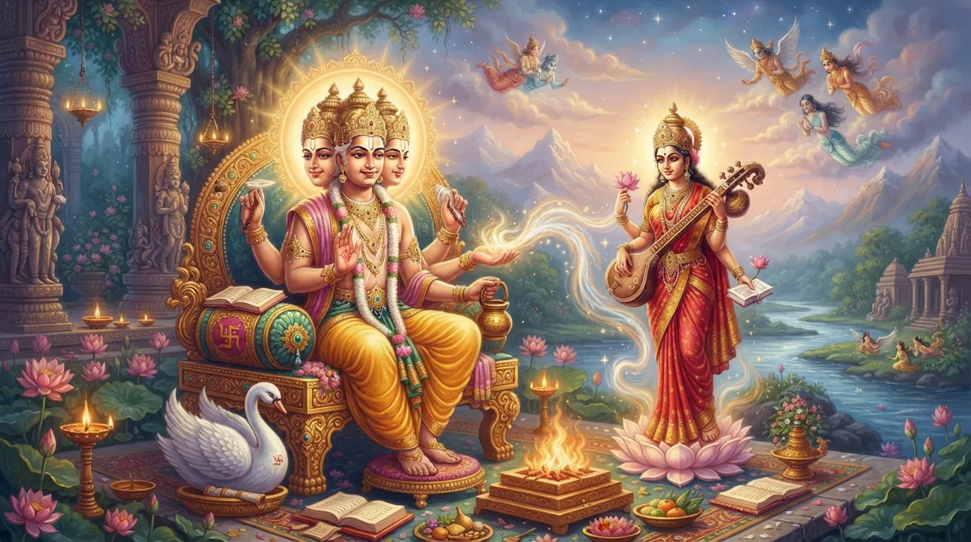 सृष्टि के रचयिता ब्रह्मा जी एक शांत और दिव्य लोक में बैठे हैं और अपने हाथ से एक सुंदर देवी (शतरूपा) की रचना कर रहे हैं। उनके चेहरे पर सृजन का संतोष है।