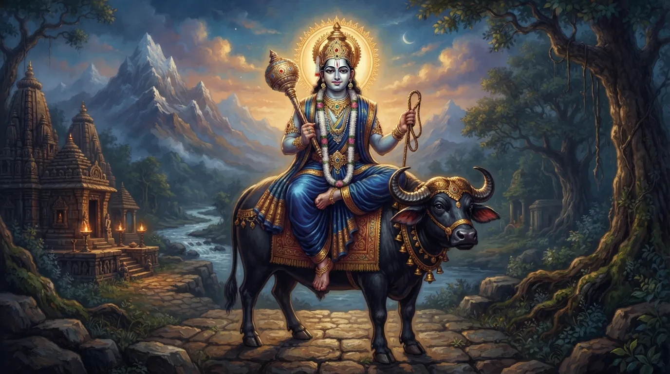 यमराज का शांत और राजसी चित्र, अपने वाहन भैंसे पर बैठे हुए, हाथ में गदा और पाश है, पर उनके चेहरे पर क्रोध नहीं, बल्कि एक न्यायप्रिय राजा जैसा गंभीर और शांत भाव है।