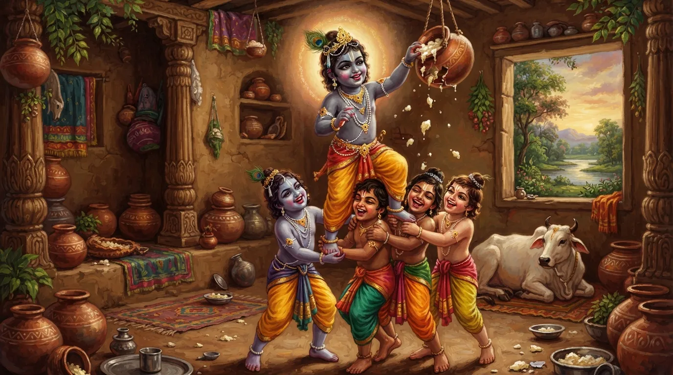 बाल कृष्ण अपने सखाओं के साथ मिलकर एक गोपी के घर में ऊँची बंधी मटकी से माखन चुराते हुए, उनके चेहरों पर शरारत और आनंद का भाव