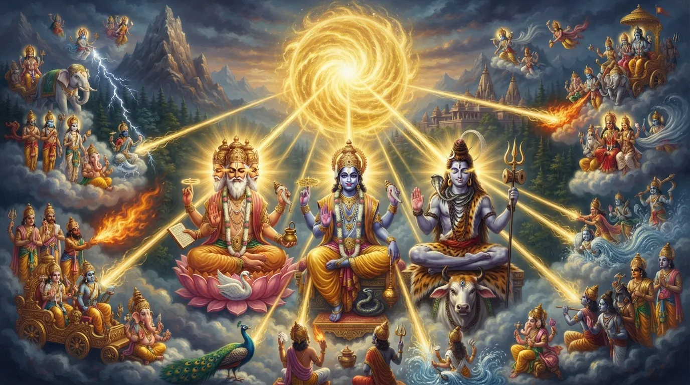 ब्रह्मा, विष्णु और महेश के मुख से तीव्र प्रकाश निकल रहा है, जो मिलकर एक सुनहरे ऊर्जा के पुंज का रूप ले रहा है। बाकी देवता भी अपना तेज उसमें मिला रहे हैं।