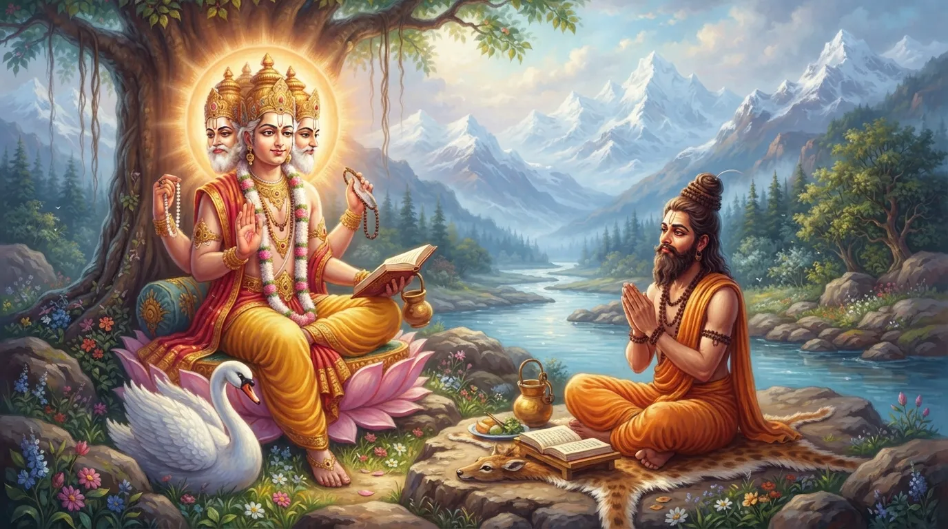 भगवान ब्रह्मा एक शांत और दिव्य मुद्रा में ऋषि मार्कण्डेय को ज्ञान दे रहे हैं। पृष्ठभूमि में हिमालय की बर्फीली चोटियाँ और एक निर्मल नदी का दृश्य है।