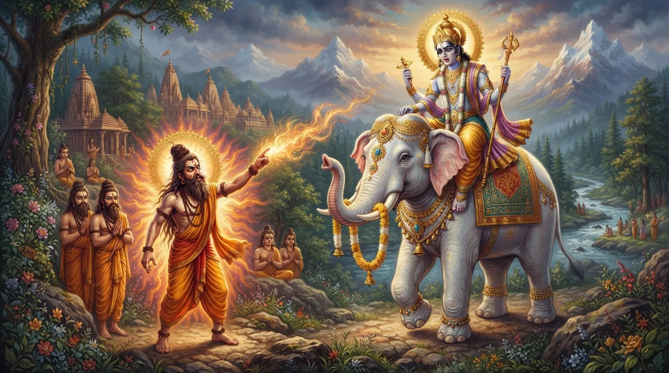 देवराज इंद्र अपने ऐरावत हाथी पर बैठे हैं और ऋषि दुर्वासा उन्हें क्रोध से श्राप दे रहे हैं। इंद्र के चेहरे पर घमंड और फिर डर का भाव है।