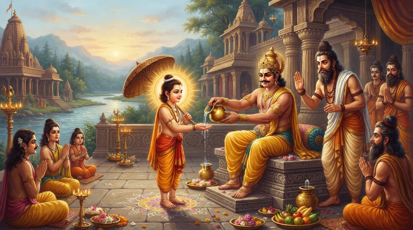 एक छोटे कद के तेजस्वी ब्राह्मण बालक (वामन) राजा बलि के सामने अपना हाथ फैलाकर दान मांग रहे हैं। राजा बलि हाथ में जल लेकर दान का संकल्प ले रहे हैं और उनके गुरु शुक्राचार्य चिंतित मुद्रा में उन्हें रोकने का प्रयास कर रहे हैं।