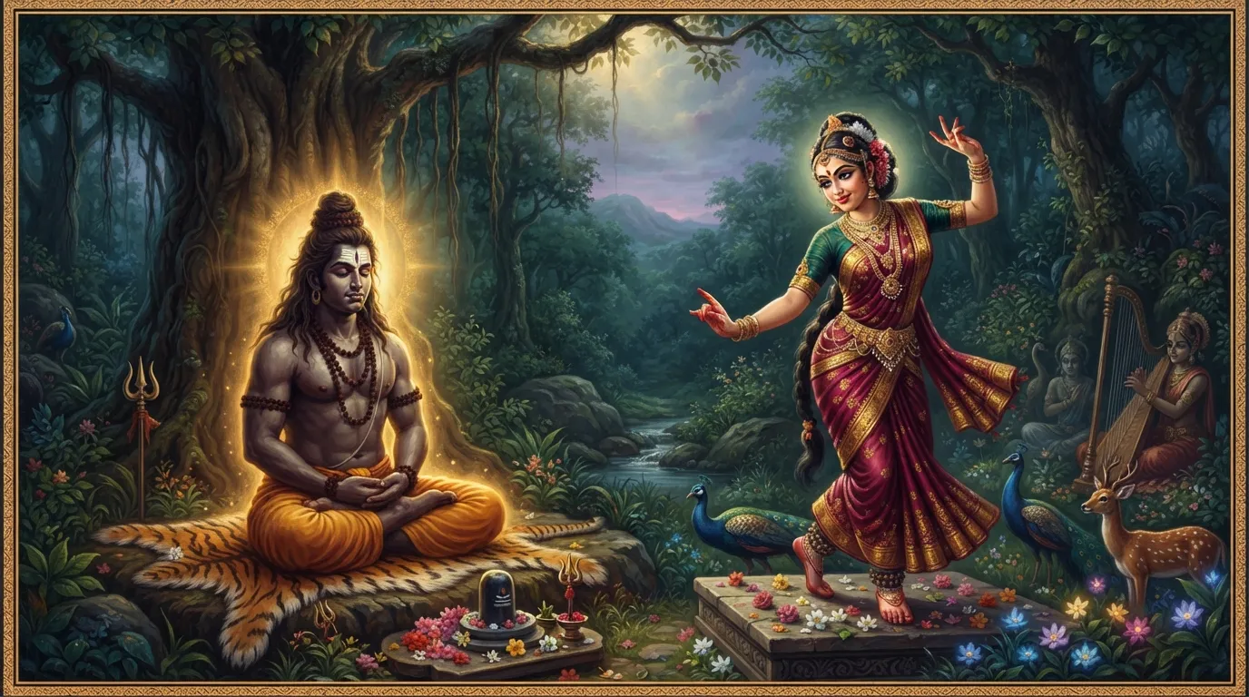 एक घने शांत जंगल में, एक शक्तिशाली असुर कठोर तपस्या में बैठा है, उसकी देह के चारों ओर एक तेज है। थोड़ी दूर पर, अप्सरा मेनका अपने दिव्य सौंदर्य और मोहक नृत्य से उसके ध्यान को भंग करने का प्रयास कर रही है। उसके चेहरे पर कर्तव्य और थोड़ी दुविधा का भाव है।