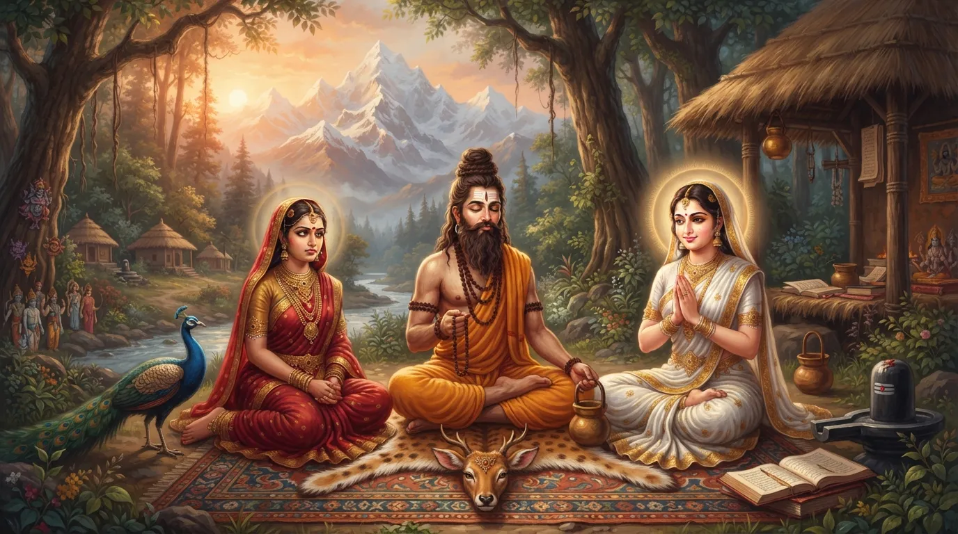 ऋषि कश्यप अपने आश्रम में अपनी दो पत्नियों, अदिति और दिति, के साथ बैठे हैं। अदिति सौम्य और शांत दिख रही हैं, जबकि दिति के चेहरे पर महत्वाकांक्षा और थोड़ी ईर्ष्या का भाव है। पृष्ठभूमि में सूर्योदय हो रहा है।