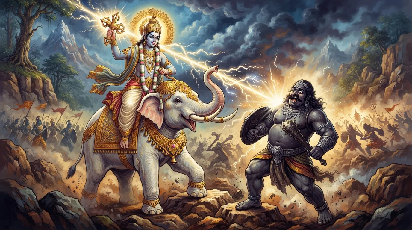 भगवान इंद्र अपने वाहन ऐरावत पर विराजमान हैं, उनके हाथ में दिव्य वज्र है जिससे बिजली की किरणें निकल रही हैं, और सामने वृत्रासुर भयभीत खड़ा है।