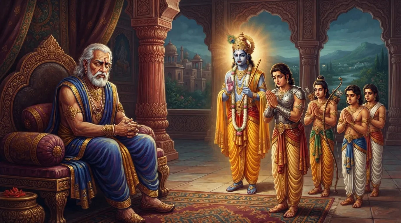 हस्तिनापुर के शोकग्रस्त राजमहल में नेत्रहीन राजा धृतराष्ट्र अपनी गद्दी पर बैठे हैं, उनके चेहरे पर क्रोध और दुःख का मिला-जुला भाव है। उनके सामने पांडव और श्रीकृष्ण विनम्रता से खड़े हैं।