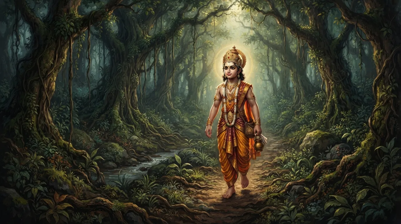 5 साल का राजकुमार ध्रुव, राजसी वस्त्रों में, घने और रहस्यमयी जंगल में अकेला चल रहा है। उसके चेहरे पर डर नहीं, बल्कि एक अटूट संकल्प है।