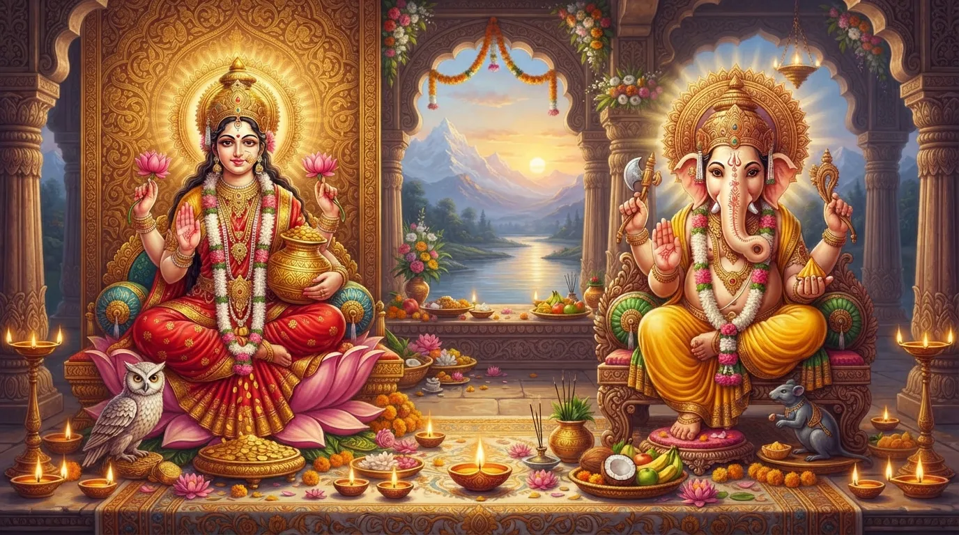 एक शांत और पवित्र पूजा स्थल का दृश्य, जहाँ एक तरफ देवी लक्ष्मी की सुंदर मूर्ति है और दूसरी तरफ भगवान गणेश की। दोनों के चरणों में फूल और जलते हुए दीये रखे हैं, जो धन और बुद्धि के संतुलन का प्रतीक हैं।