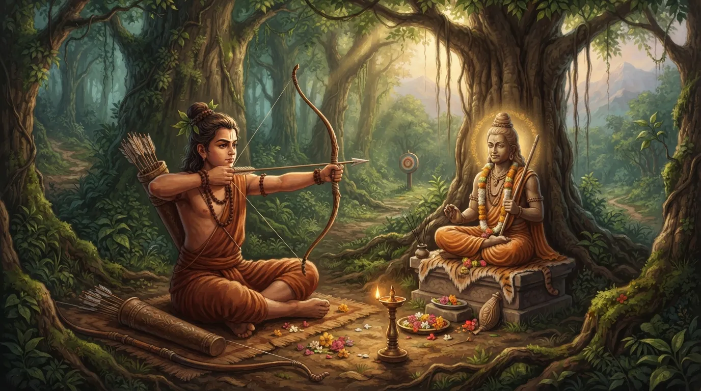 घने जंगल में मिट्टी की गुरु द्रोण की प्रतिमा के सामने निषाद बालक एकलव्य धनुष-बाण लेकर पूरी एकाग्रता से अभ्यास कर रहा है
