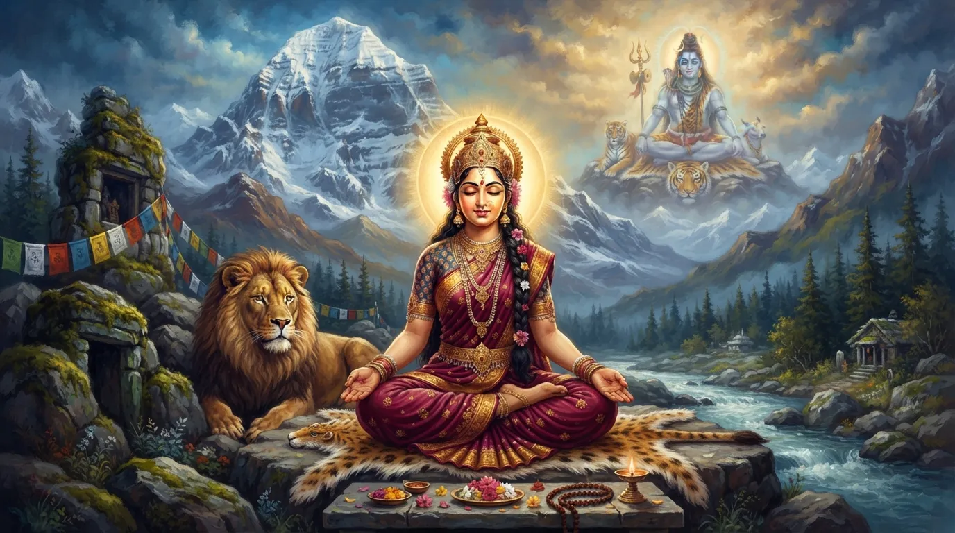 हिमालय की शांत वादियों में माँ पार्वती ध्यान में लीन हैं, उनके चेहरे पर सौम्य तेज है। पीछे कैलाश पर्वत पर शिव की धुंधली छवि दिखाई देती है।