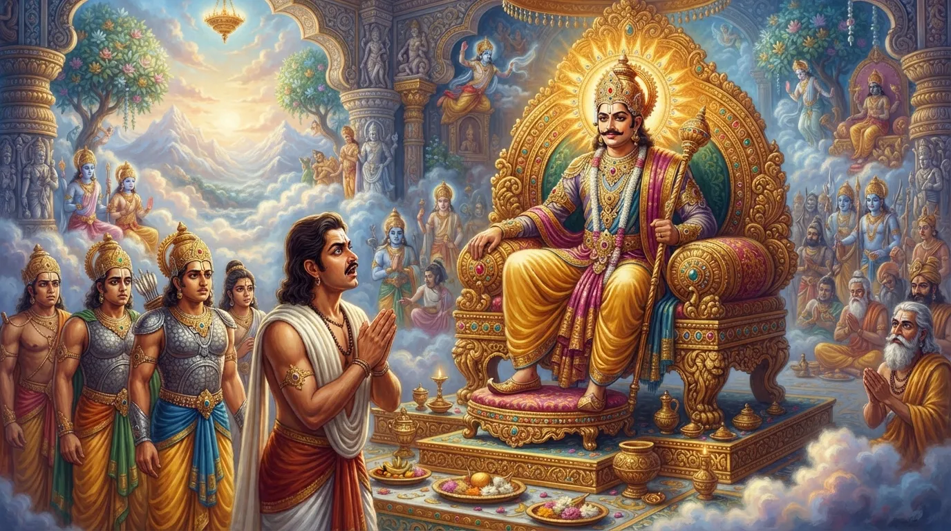 स्वर्ग में एक भव्य सिंहासन पर तेजस्वी दुर्योधन बैठा है और युधिष्ठिर उसे आश्चर्य और क्रोध से देख रहे हैं।