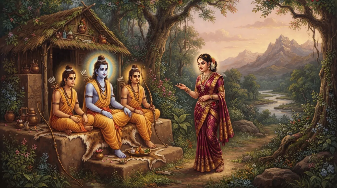पंचवटी का शांत और सुंदर दृश्य, जहाँ एक सुंदर स्त्री के वेश में शूर्पणखा श्री राम और लक्ष्मण से बात कर रही है। पृष्ठभूमि में उनकी घास-फूस की कुटिया है।