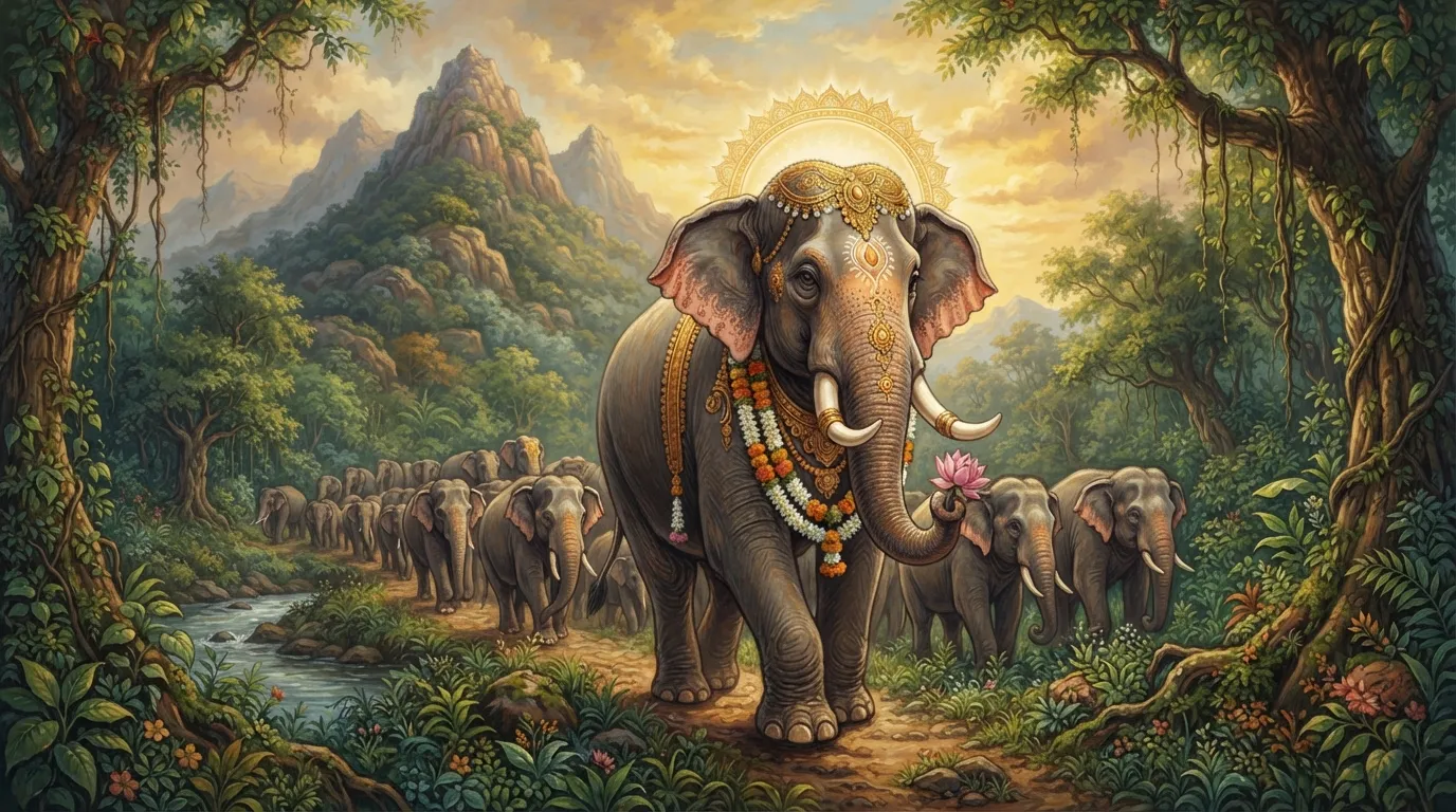 घने हरे-भरे जंगल में त्रिकूट पर्वत की तलहटी में, एक विशाल और शक्तिशाली हाथी (गजेंद्र) अपने झुंड का नेतृत्व कर रहा है। उसकी चाल में एक राजा जैसा अभिमान और शक्ति झलक रही है।