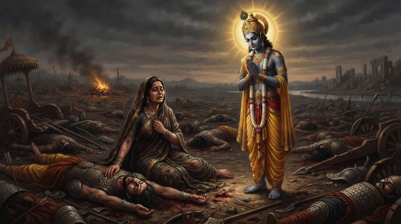 कुरुक्षेत्र के विनाशकारी युद्धक्षेत्र में, अपने मृत पुत्रों के बीच बिलखती हुईं गांधारी। उनके सामने भगवान कृष्ण शांत और करुणा भाव से खड़े हैं। माहौल गमगीन और गंभीर है।