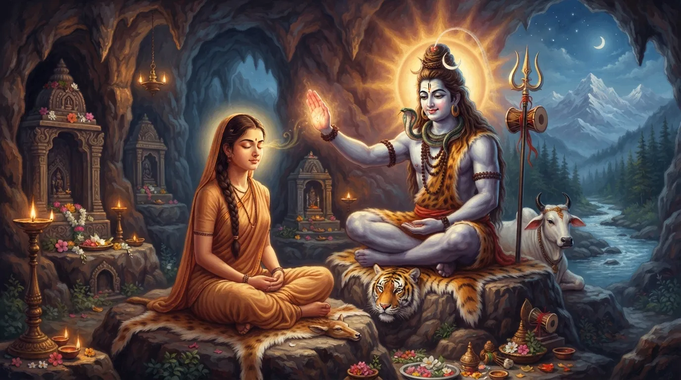 एक शांत और दिव्य वातावरण में युवा गांधारी भगवान शिव के सामने ध्यान में बैठी हैं। उनकी आँखों से एक हल्की दिव्य रोशनी निकल रही है, और भगवान शिव का वरदहस्त उनके शीश पर है।