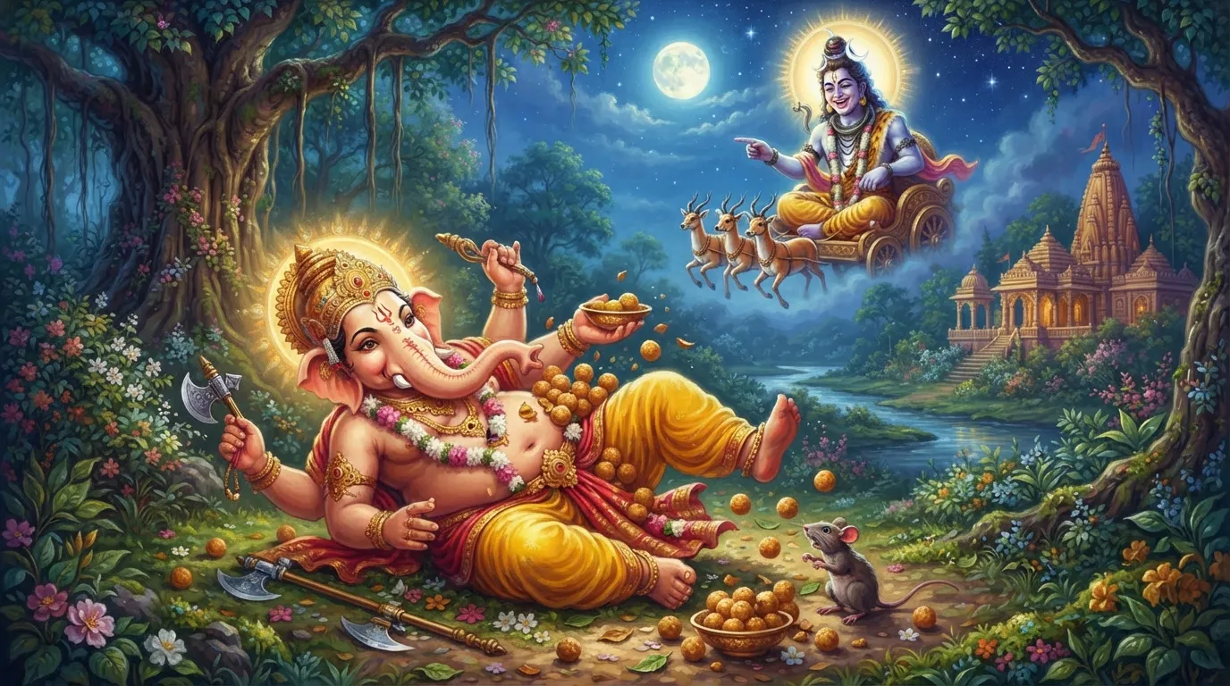 चंद्रदेव को भगवान गणेश पर हँसते हुए दिखाता हुआ एक मनमोहक चित्र, जिसमें गणेश जी अपने वाहन मूषक से गिर गए हैं और उनका पेट लड्डुओं से भरा है।