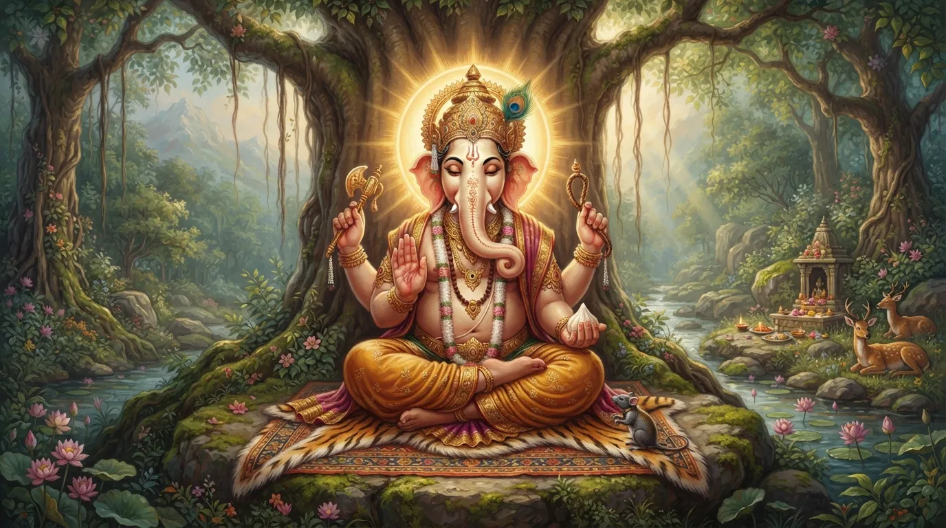 भगवान गणेश एक शांत वन में गहरे ध्यान में लीन हैं, उनके चेहरे पर एक दृढ़ और शांत निश्चय का भाव है, और आस-पास का वातावरण दिव्य प्रकाश से भरा है।