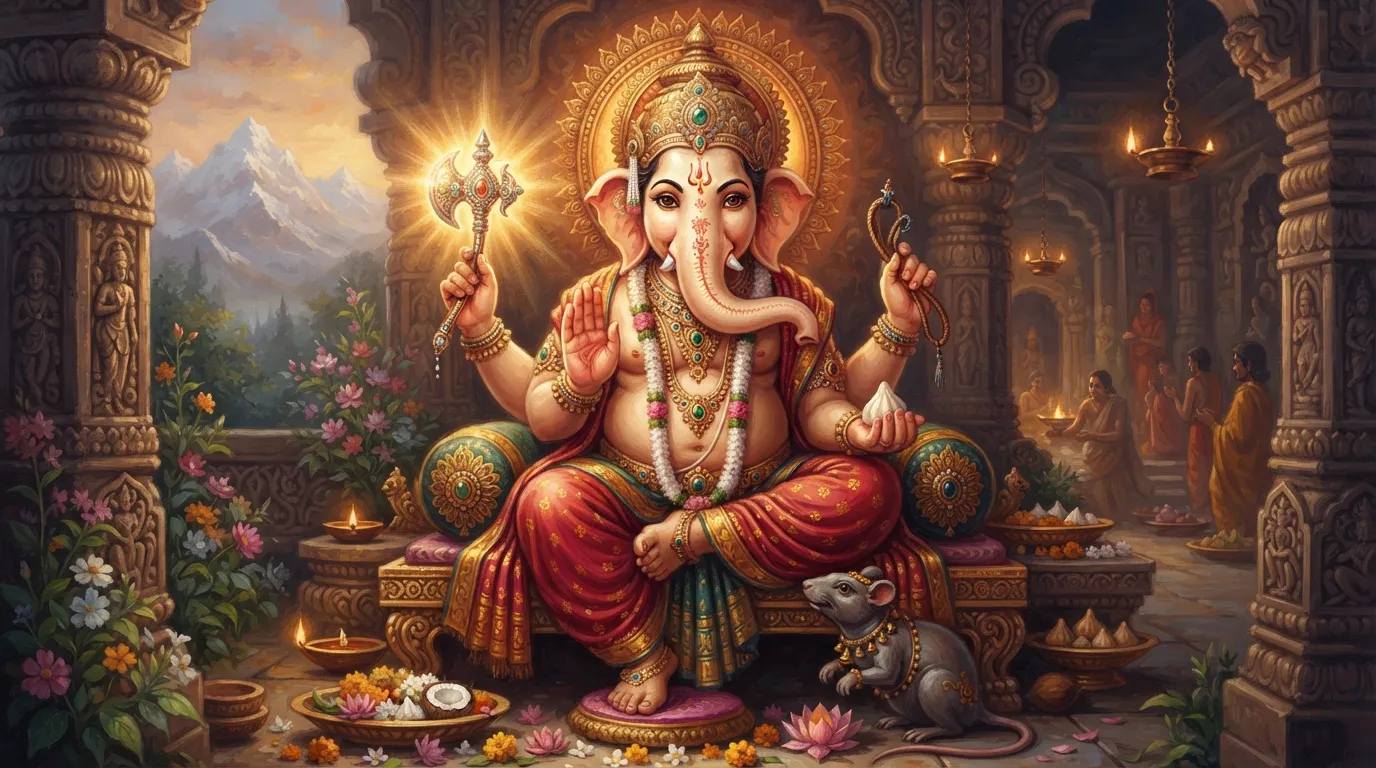 गणेश जी का एक सुंदर चित्र, जिसमें उनके हाथ में अंकुश स्पष्ट रूप से दिखाई दे रहा हो। अंकुश चमक रहा हो और वे सौम्य मुस्कान के साथ भक्तों को देख रहे हों।