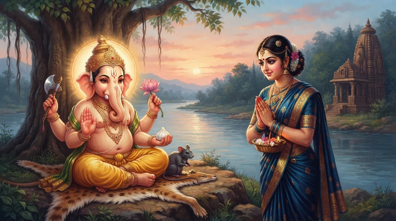 शांत गंगा नदी के किनारे एक युवा गणेश जी ध्यान में बैठे हैं। उनके चेहरे पर बाल सुलभ तेज है। पास ही सुंदर वस्त्रों में सजी राजकुमारी तुलसी खड़ी हैं और उन्हें श्रद्धा और मोह के मिले-जुले भाव से देख रही हैं।