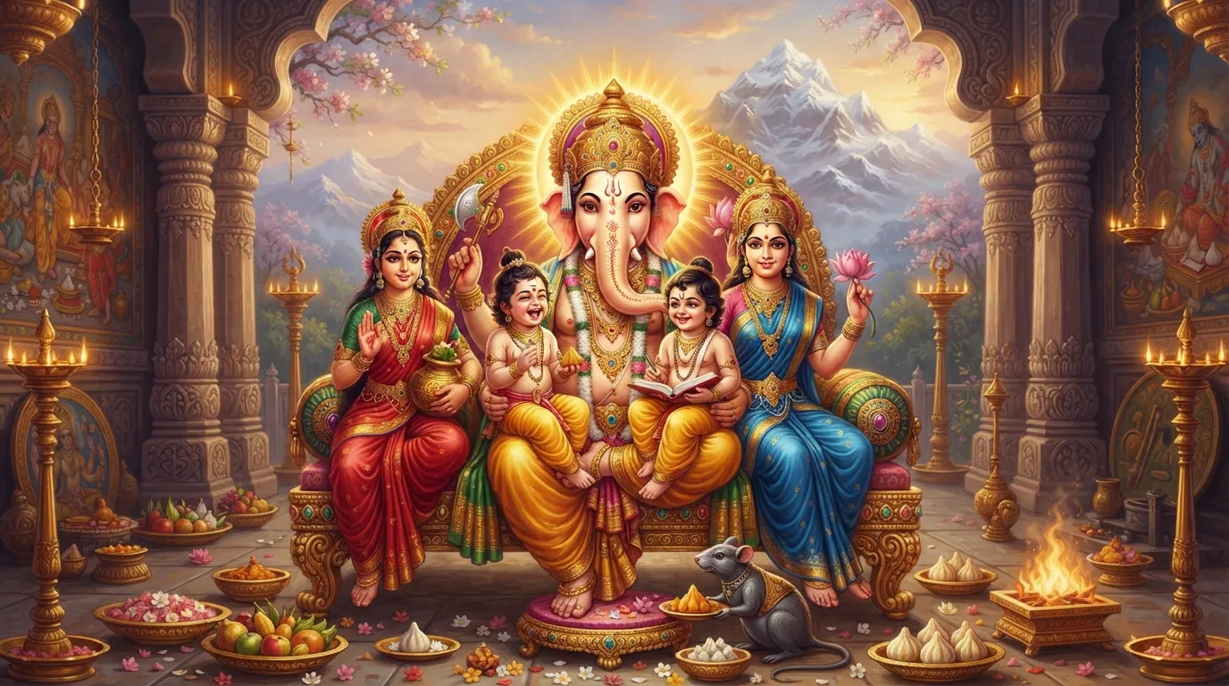 भगवान गणेश अपनी पत्नियों रिद्धि और सिद्धि के साथ राजसी आसन पर बैठे हैं। उनकी गोद में दो बालक, शुभ और लाभ, खेल रहे हैं। पूरा दृश्य सुनहरी आभा से भरा, दिव्य और पारिवारिक सुख को दर्शा रहा है।
