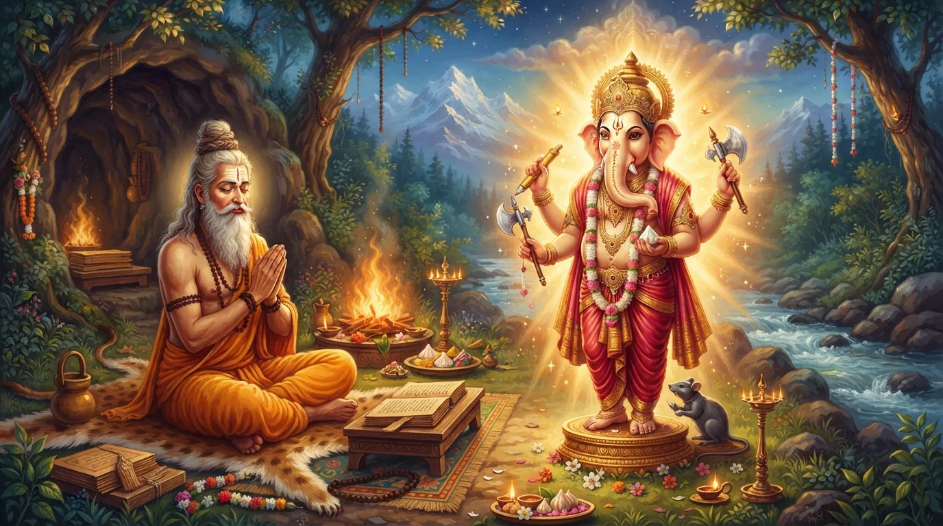महर्षि वेद व्यास हाथ जोड़कर ध्यान में बैठे हैं और उनके सामने भगवान गणेश अपने चार भुजाओं वाले स्वरूप में, हाथ में लेखनी और मोदक लिए प्रकट हो रहे हैं। आस-पास ज्ञान का प्रकाश फैला है।