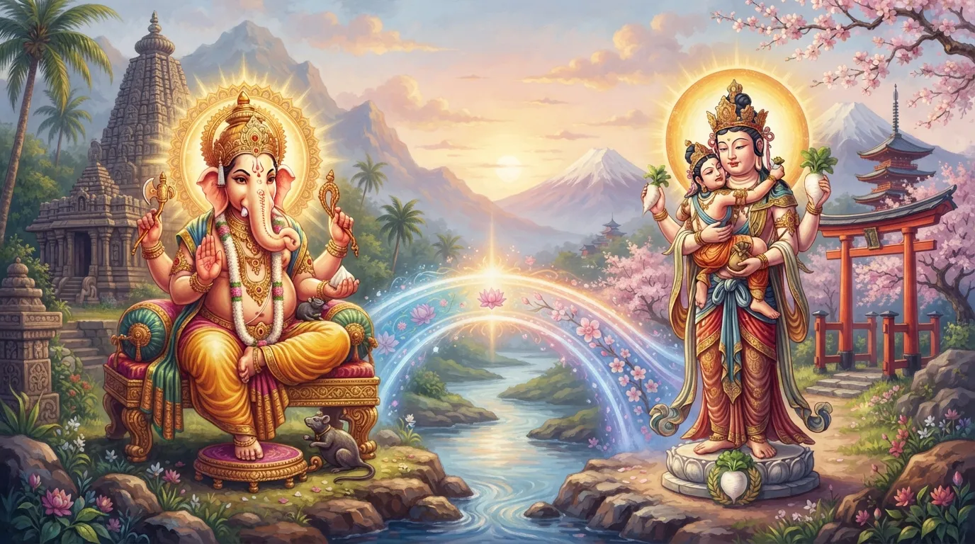 एक तस्वीर जिसमें बायीं ओर भारत के पारंपरिक गणेश जी की मूर्ति हो और दायीं ओर जापान के देवता कांगितेन का एक चित्र, दोनों के बीच एक सांकेतिक पुल बना हो जो संस्कृति के मिलन को दर्शाए