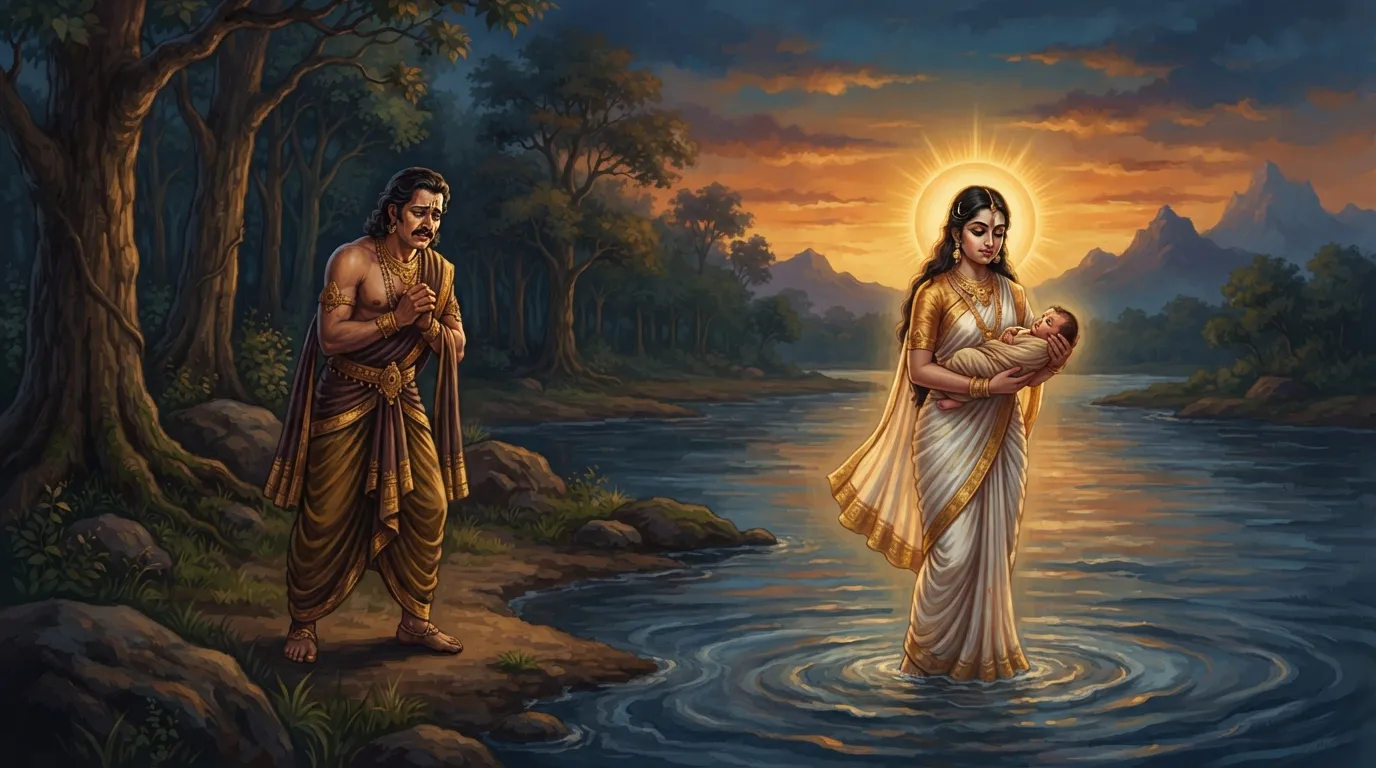 राजा शांतनु दूर से दुख और बेबसी में अपनी पत्नी गंगा को नवजात शिशु को नदी में विसर्जित करते हुए देख रहे हैं। शाम का समय, नदी का किनारा, भावुक और मार्मिक दृश्य।