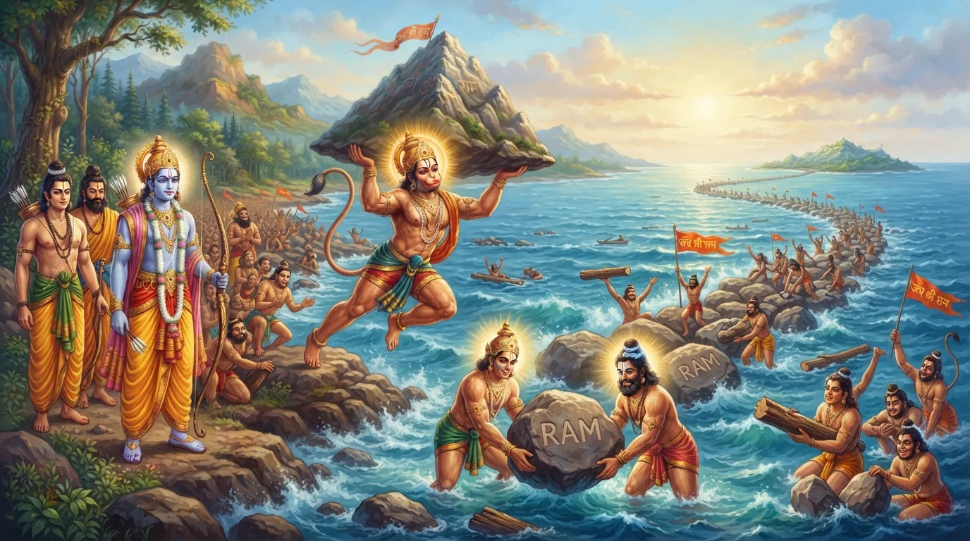 भारत के दक्षिणी तट पर विशाल वानर सेना राम सेतु का निर्माण कर रही है। हनुमान जैसे बलशाली वानर पूरे पर्वत उठा कर ला रहे हैं और नल-नील उन्हें समुद्र में स्थापित कर रहे हैं। माहौल में उत्साह और 'जय श्री राम' का जयघोष है।
