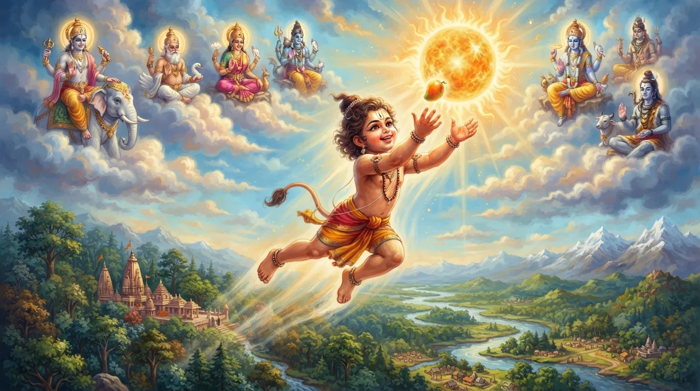 एक तेजस्वी और चंचल बाल हनुमान सूर्य को एक पका हुआ फल समझकर उसे पकड़ने के लिए आकाश में छलांग लगा रहे हैं। नीचे धरती का दृश्य है और बादलों के बीच से कुछ देवता आश्चर्य से उन्हें देख रहे हैं।