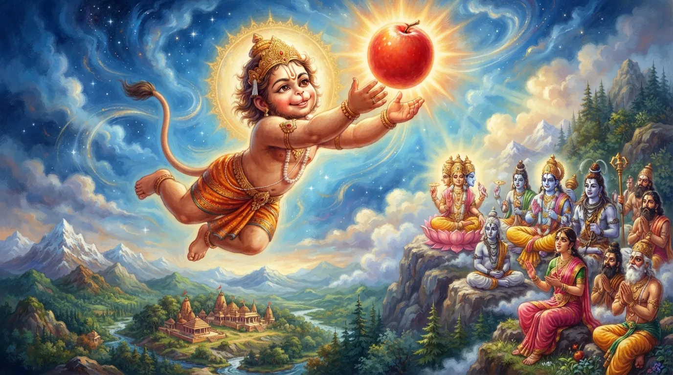 बाल हनुमान सूर्य को एक लाल फल समझकर पकड़ने के लिए आकाश में उड़ रहे हैं, उनके चेहरे पर एक भोली सी मुस्कान है। नीचे पृथ्वी का दृश्य है और देवतागण आश्चर्य से उन्हें देख रहे हैं।