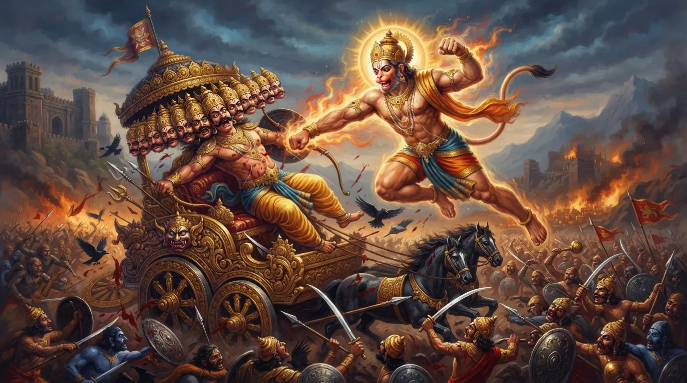 हनुमान जी अपनी पूरी शक्ति से रावण की छाती पर मुक्का मार रहे हैं। रावण अपने सिंहासन जैसे रथ पर है और इस प्रहार से हिल गया है। युद्धभूमि का दृश्य, वानर सेना और राक्षस सेना लड़ रही है। भाव: क्रोध और शक्ति का प्रदर्शन।